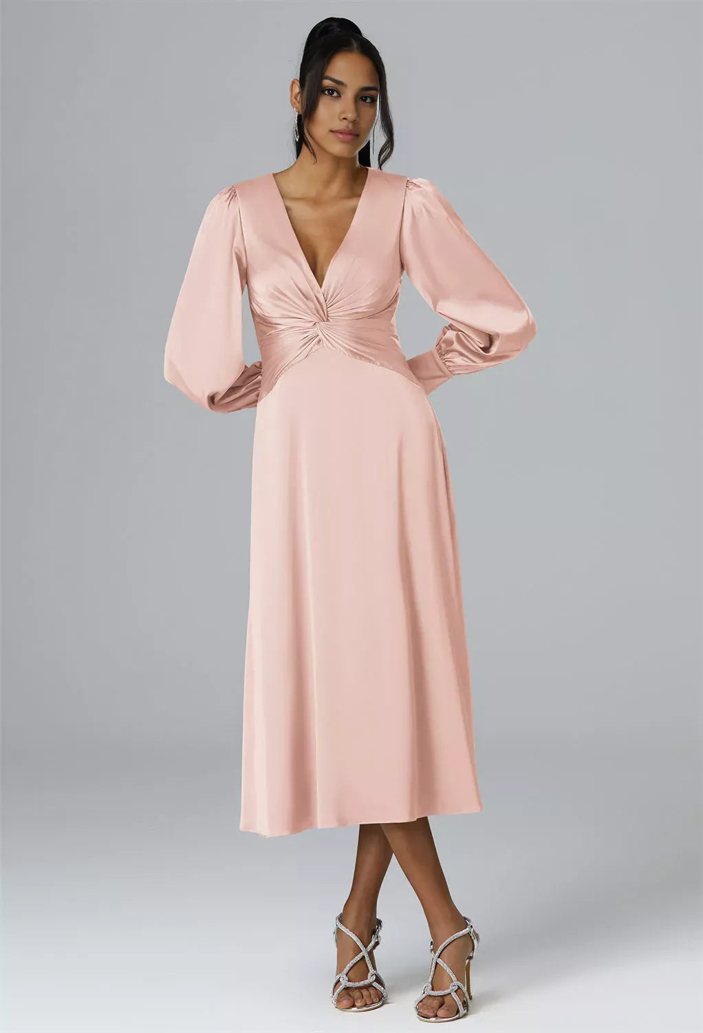 A-line V-Neck Tea Length Long Sleeves Prom Dresses Chic Ruching Discount Long Bridesmaid Dresses